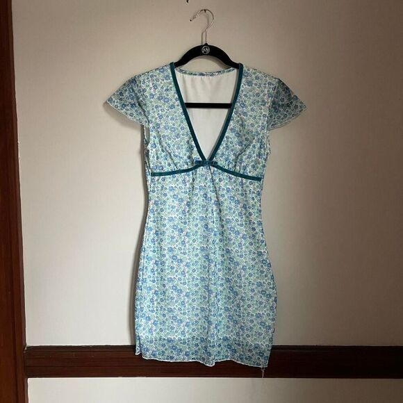 Y2K Women's Floral Coquette Dainty Soft Girl Mini Dress Short Sleeves with Bow S - Picture 1 of 6